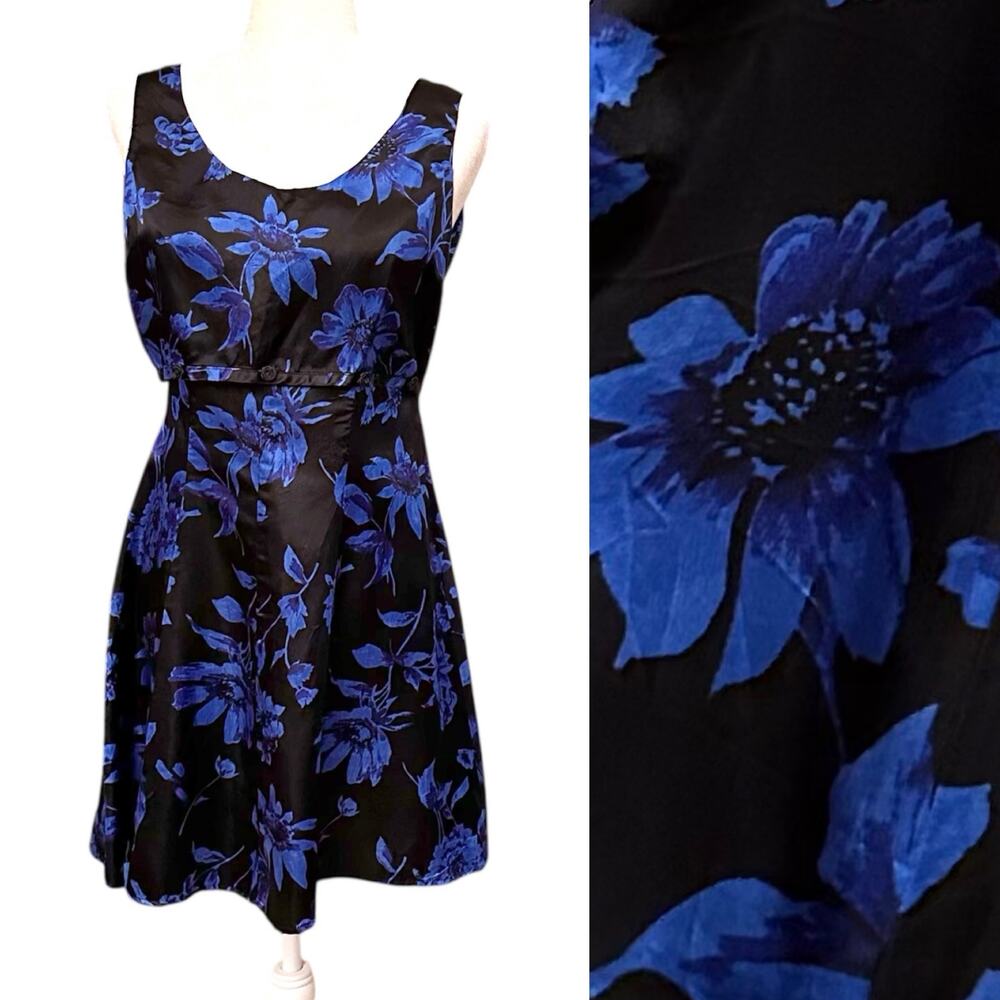 Vintage 90s All That Jazz Satin Blue Floral Mini Dress Siz 9/10 Party Whimsigoth
